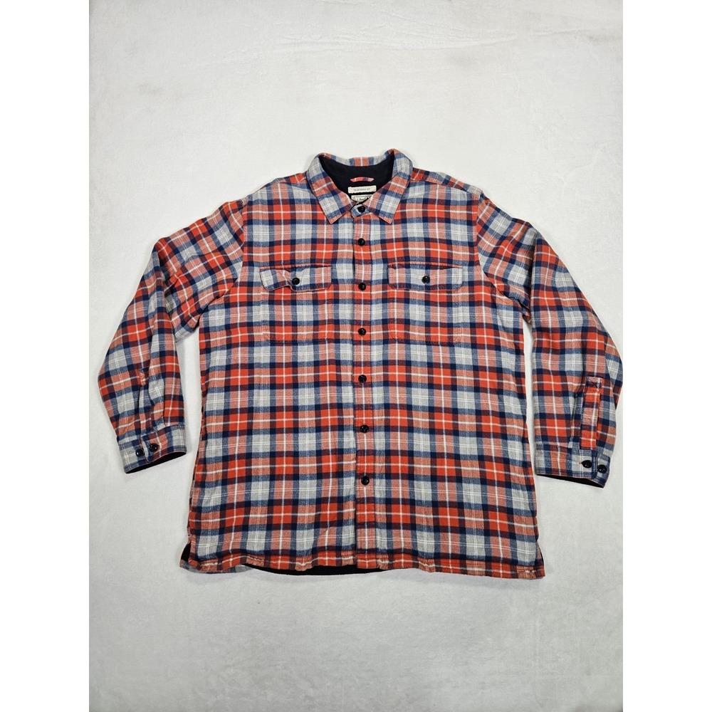 LL Bean Men Red XL Flannel Shirt Jacket Shacket Pocket Plaid Fleece Lined 298189